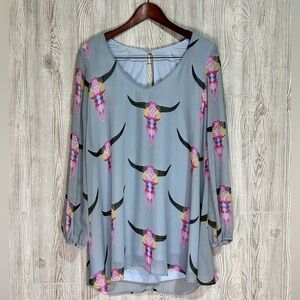 Show Me Your Mumu Western Longhorn Skull Light Blue Womens Tunic Blouse Top M